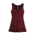 Women's Sexy Square Neck Sleeveless Pleated Mini Dress Wine Red Faux Suede A-Line Dress With Decorative Silver Button Pockets Elegant Party Clubwear Short Dress