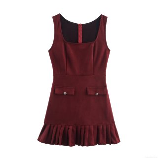 Women's Sexy Square Neck Sleeveless Pleated Mini Dress Wine Red Faux Suede A-Line Dress With Decorative Silver Button Pockets Elegant Party Clubwear Short Dress