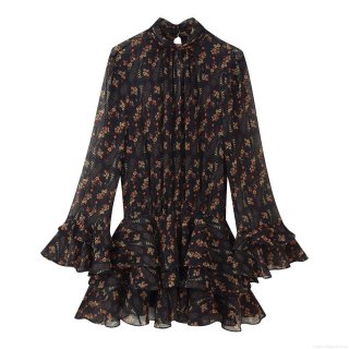 French Floral Chiffon Mini Dress Elegant High Neck Long Sleeve Ruffle Tiered Cake Dress Bohemian Style Paisley Print Short Dress For Women Party Vacation