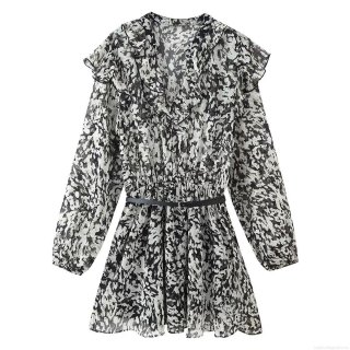 Women's French Vintage V Neck Ruffle Long Sleeve Dress With Belt Black White Abstract Floral Print High Waist Chiffon Feel Flowy Mini A-Line Dress For Party Daily Wear