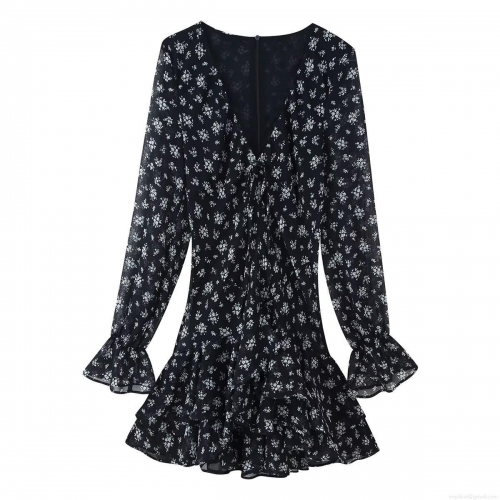 Women's French Retro Floral Chiffon Dress Deep V-Neck Long Sleeve Ruffle Tiered Hem Lacing Elegant Mini Dress For Vacation Party