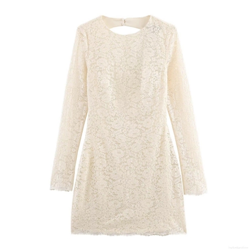 Elegant Women Lace Long Sleeve Mini Dress With Sexy Backless Hollow Out Design High Waist Bodycon Short Dress For Party Club Ladies Wear