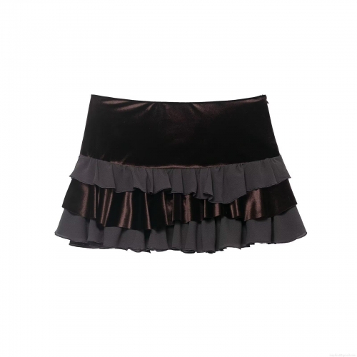 Women's Gothic Sexy Velvet Patchwork Layered Ruffle Mini Skirt High Waist Dark Brown Black Cake Skirt Clubwear Party Bottoms