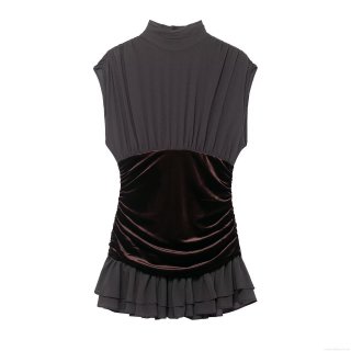 Women's Sexy Velvet Patchwork Mini Dress Sleeveless High Neck Pleated Ruffle Hem Bodycon Dress Elegant Chiffon Polyester Club Party Wear