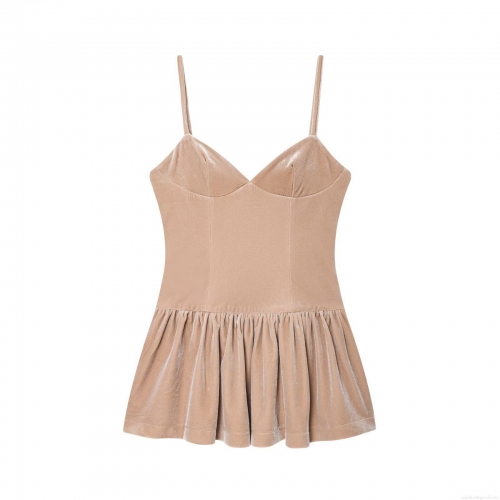 Women's Sexy Velvet Mini Dress Nude Champagne Spaghetti Strap Bubble Hem A-Line Bodycon Party Evening Cocktail Dresses For Lady
