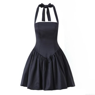 Women Sexy Halter Neck Satin Mini Dress Sleeveless Backless Bow Tie Bubble Hem Puff Party Skirt Elegant Solid Color Polyester Blend Bodycon Short Dress Summer Dating