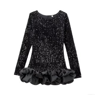 Women Sexy Sequin Mini Dress Long Sleeve Round Neck Slim Fit Bubble Hem Ruffles Party Club Dating Night Out Dress Hot Girl Style