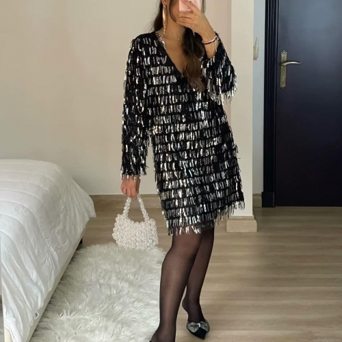 Glamorous Black Sequin Tassel V-Neck Mini Dress Shimmering Long Sleeve Loose Streetwear Party Evening Dress For Women Nightclub Outfits