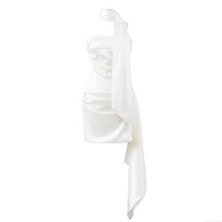 Women Sexy Satin Mini Dress Strapless Cowl Neck Bodycon Party Dress With Long Sash Ribbon Backless Tie Up Banquet Evening Dress