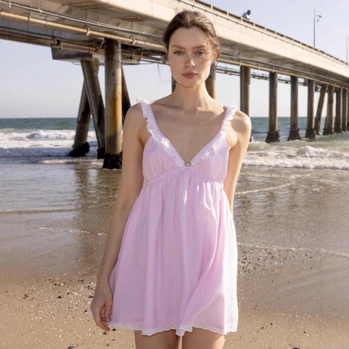 French Vintage Pink White Striped Cami Dress Women Summer Beach Mini Dress With Lace Trim Backless Bow A-Line Sweet Style Sleeveless Sun Dress