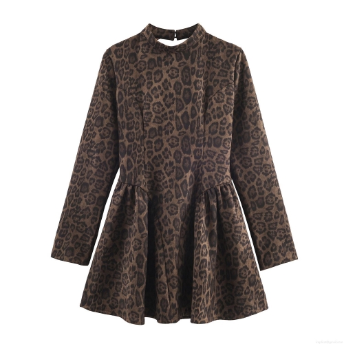 Women Sexy Leopard Print Suede Backless Mini Dress Long Sleeve Mock Neck Slim Fit Flare Skirt Party Clubwear Night Out Dress