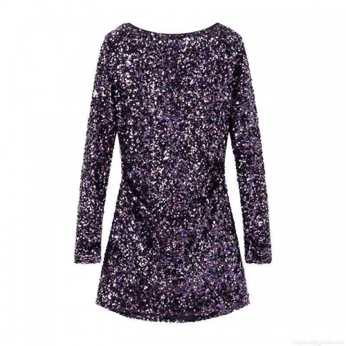 Women's Round Neck Long Sleeve Sequin Mini Dress European Style Backless Party Bodycon Polyester Dress for Ladies Evening Event