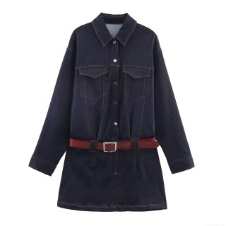 Women's Long Sleeve Denim Shirt Dress With Red Faux Leather Belt Western Streetwear Casual Lapel Button Up A-Line Mini Dress Polyester Denim Fabric Contrast Stitching