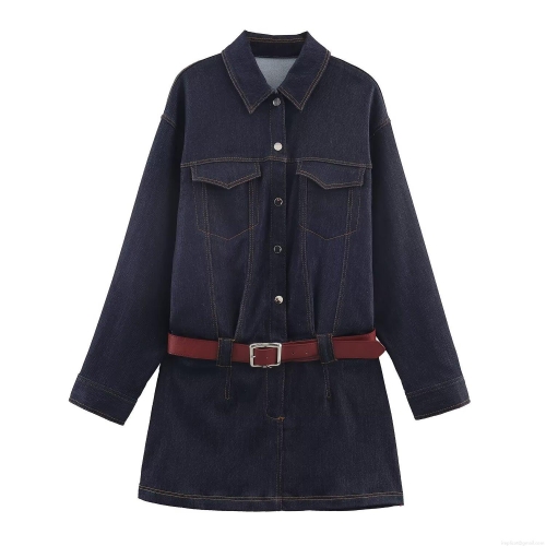 Women's Long Sleeve Denim Shirt Dress With Red Faux Leather Belt Western Streetwear Casual Lapel Button Up A-Line Mini Dress Polyester Denim Fabric Contrast Stitching
