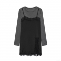 Women's Fake Two-Piece Patchwork Dress Mercerized Cotton Long Sleeve Round Neck Lace Trim Cami Dress Casual Street Style Grey Black Mini Dress