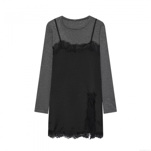 Women's Fake Two-Piece Patchwork Dress Mercerized Cotton Long Sleeve Round Neck Lace Trim Cami Dress Casual Street Style Grey Black Mini Dress