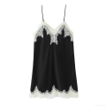 Sexy Women Black Satin Slip Dress With White Eyelash Lace Patchwork V Neck Spaghetti Straps Mini A-Line Party Nightgown Dress
