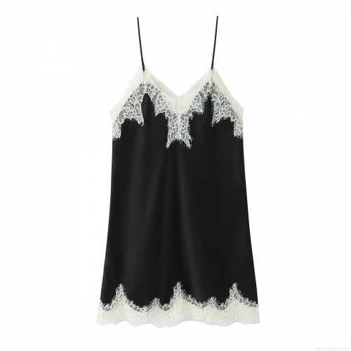 Sexy Women Black Satin Slip Dress With White Eyelash Lace Patchwork V Neck Spaghetti Straps Mini A-Line Party Nightgown Dress