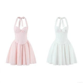 Women Halter Corset Mesh Tutu Mini Dress With Bow Tie Lace Up Back Sweet Balletcore Polyester Spandex A-Line Party Dress For Summer Ladies