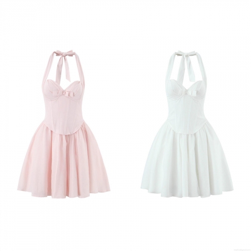 Women Halter Corset Mesh Tutu Mini Dress With Bow Tie Lace Up Back Sweet Balletcore Polyester Spandex A-Line Party Dress For Summer Ladies