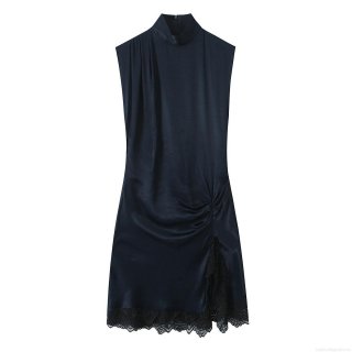 Elegant Women's Sleeveless Mock Neck Satin Mini Dress With Lace Trim Patchwork Ruched Side Cocktail Party Bodycon Dress Navy Blue