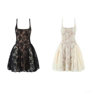 Women's Sexy Lace Patchwork Mesh Cami Mini Dress 95% Polyester 5% Spandex Slim Fit Sleeveless A-Line Party Dress for Ladies