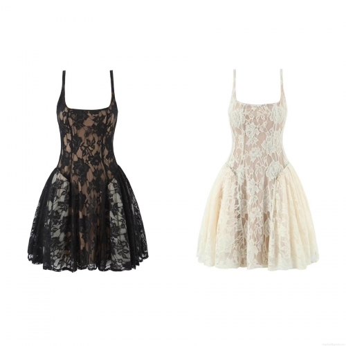 Women's Sexy Lace Patchwork Mesh Cami Mini Dress 95% Polyester 5% Spandex Slim Fit Sleeveless A-Line Party Dress for Ladies