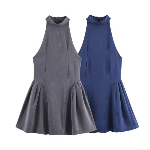 Women's Sexy Halter Neck Mini Dress Sleeveless Solid Color Pleated Waist Slim Fit Polyester Bodycon Party Dress Streetwear Summer Fashion