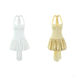 Women Halter Backless Puffy Mini Dress Polyester Spandex Corset Waist Polka Dot White Yellow Party Streetwear Sexy Sleeveless Sundress