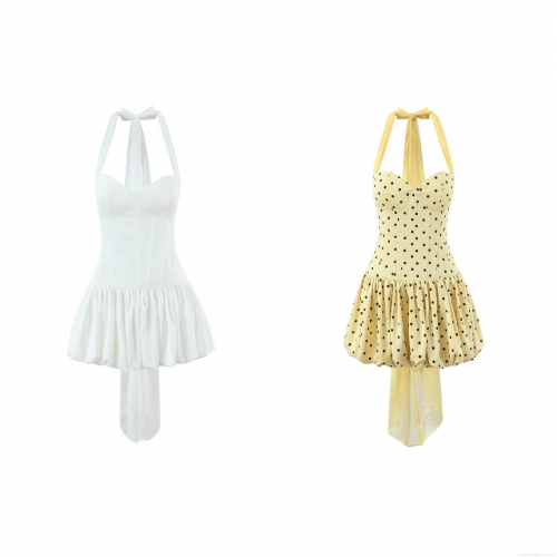 Women Halter Backless Puffy Mini Dress Polyester Spandex Corset Waist Polka Dot White Yellow Party Streetwear Sexy Sleeveless Sundress