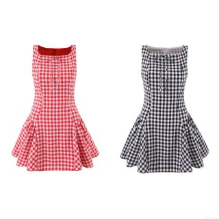 Women's Gingham Plaid Sleeveless Mini Dress Sweet Square Neck Smocked Puffy A-Line Summer Dress With Bow Tie Cotton Blend Vintage Dress For Women Daily Party