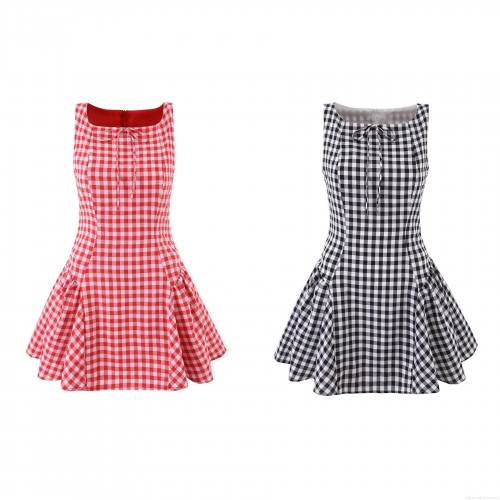 Women's Gingham Plaid Sleeveless Mini Dress Sweet Square Neck Smocked Puffy A-Line Summer Dress With Bow Tie Cotton Blend Vintage Dress For Women Daily Party