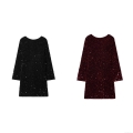 Women's Sexy Sequin Mini Dress Long Sleeve Round Neck Backless Party Clubwear Sparkly Polyester Night Out Bodycon Dress for Women