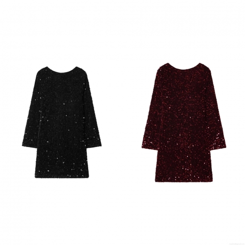 Women's Sexy Sequin Mini Dress Long Sleeve Round Neck Backless Party Clubwear Sparkly Polyester Night Out Bodycon Dress for Women