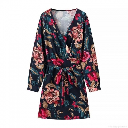 Women's Floral Print V-Neck Long Sleeve Wrap Dress Elegant Tie Waist Navy Blue Summer Vacation A-Line Mini Dress For Ladies Casual Party Wear