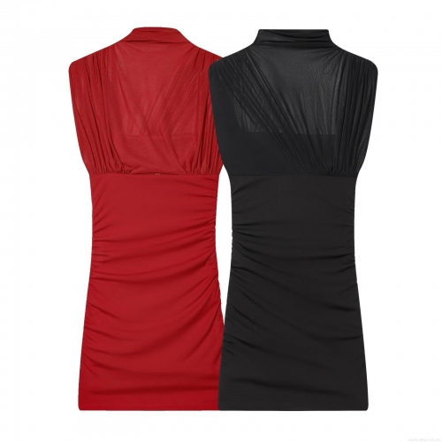 Women's Sexy Sleeveless Mesh Patchwork Bodycon Mini Dress Ruched Stand Collar Street Style Party Slim Fit Polyester Clubwear Short Dress