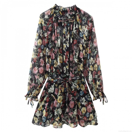 Women European Style Floral Print Long Sleeve Mini Dress With Belt Ruffled Round Neck Pullover Chiffon Feel Short Dress For Daily Spring Wear