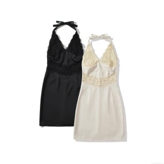 Women Sexy Halter Neck Mini Dress Lace Splicing V Neck Hollow Out Backless Polyester Satin Dress For Party Cocktail Summer Beach Vacation