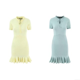 Women's Short Sleeve Ribbed Knit Dress Ruffle Mermaid Hem Tie Neck Slim Fit Solid Color Elegant Summer Spring Mini Dress
