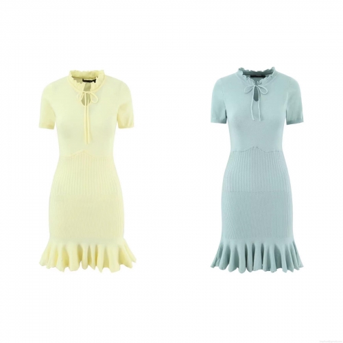 Women's Short Sleeve Ribbed Knit Dress Ruffle Mermaid Hem Tie Neck Slim Fit Solid Color Elegant Summer Spring Mini Dress