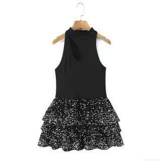 Women's Sexy Halter Neck Cut Out Sequin Mini Dress Sleeveless Ribbed Knit Patchwork Layered Ruffle Party Club Bodycon Dress