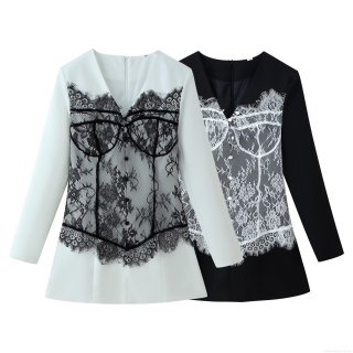 Women's Sexy V Neck Long Sleeve Lace Patchwork Mini Dress Button Front Polyester Color Block Short Dress For Party Streetwear