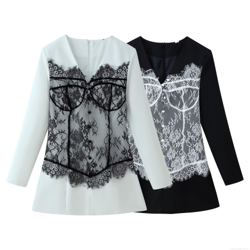Women's Sexy V Neck Long Sleeve Lace Patchwork Mini Dress Button Front Polyester Color Block Short Dress For Party Streetwear