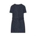 Women's Elegant Tweed Short Sleeve Mini Dress With Belt Round Neck Textured Polyester Dress For Party Office Gold Button Decor