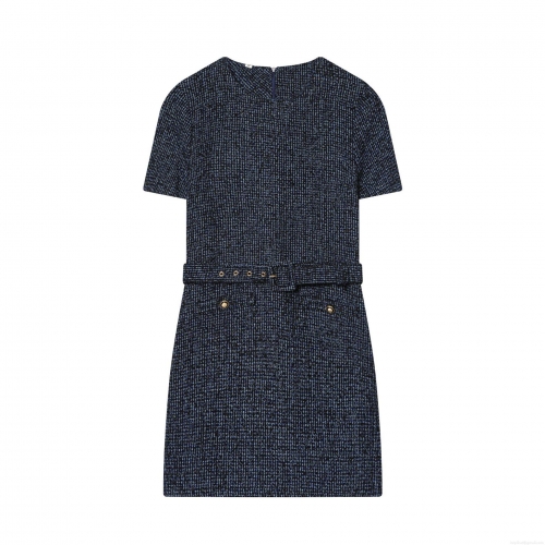 Women's Elegant Tweed Short Sleeve Mini Dress With Belt Round Neck Textured Polyester Dress For Party Office Gold Button Decor
