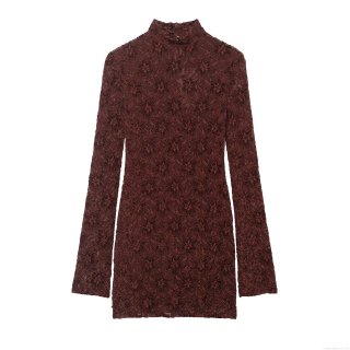 Women's Sexy Elegant Lace Mini Dress Stand Collar Long Sleeve Hollow Out Wine Red Polyester Floral Mesh Splicing Slim Fit A-Line Dress For Party Evening Clubwear Ladies Clothing