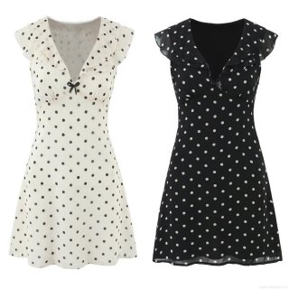 Women's Retro Polka Dot V-Neck Ruffle Flutter Sleeve Mini Dress 100% Polyester Slim Fit A-Line Waist Tie Short Dress with Bow Detail for Summer Daily Dating