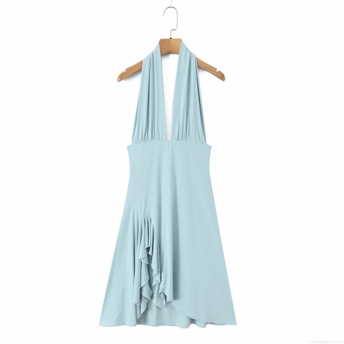 Women's Sexy Halter Neck Backless Mini Dress Ruffle Irregular Hem Slim Fit Solid Color Polyester Nylon Spandex Blend Dress for Summer Vacation Party