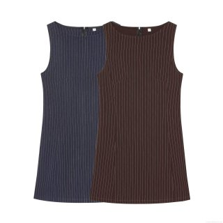 Women Summer Sleeveless Pinstripe Mini Dress Round Neck Slim Fit Casual Office Streetwear Polyester Sheath Dress With Back Zipper