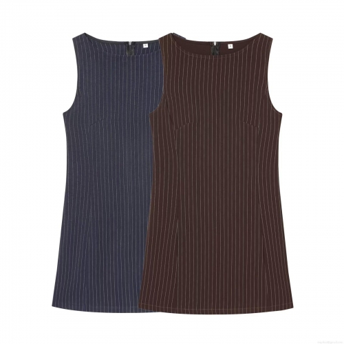 Women Summer Sleeveless Pinstripe Mini Dress Round Neck Slim Fit Casual Office Streetwear Polyester Sheath Dress With Back Zipper